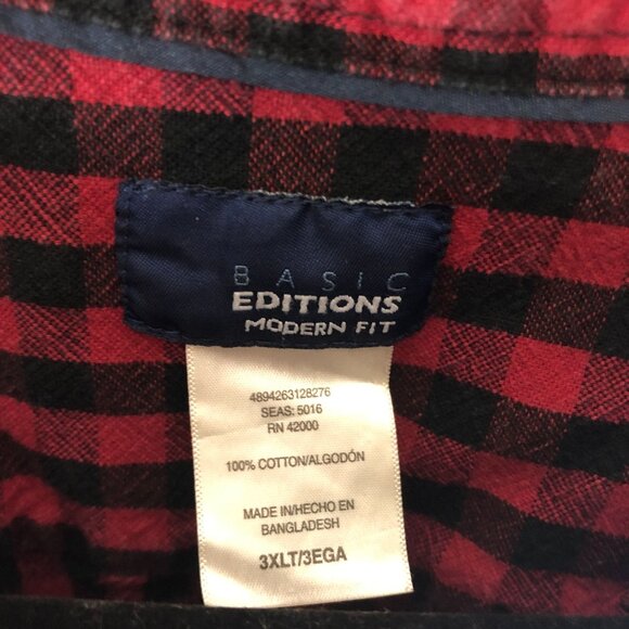Basic Editions Mens Shirt Modern Fit Heavy Cotton Plaid Red Black 3XLT - Picture 3 of 3